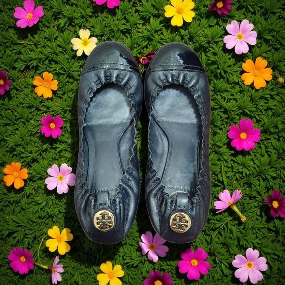 Tory Burch Black Abbey Mestico/Patent Flats dark blue Leather Women's Size 7.5 - Picture 9 of 10
